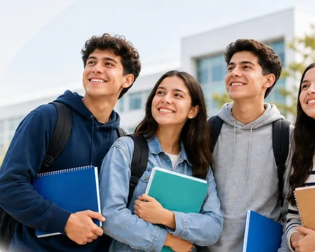 Cuatro estudiantes sonrientes con cuadernos frente a su colegio