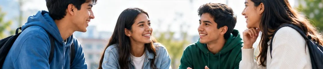 Grupo de estudiantes conversando y riendo al aire libre